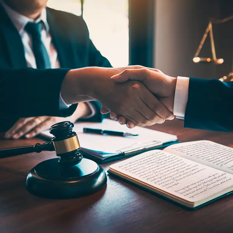 Legal and financial professionals shaking hands representing government contracting services.