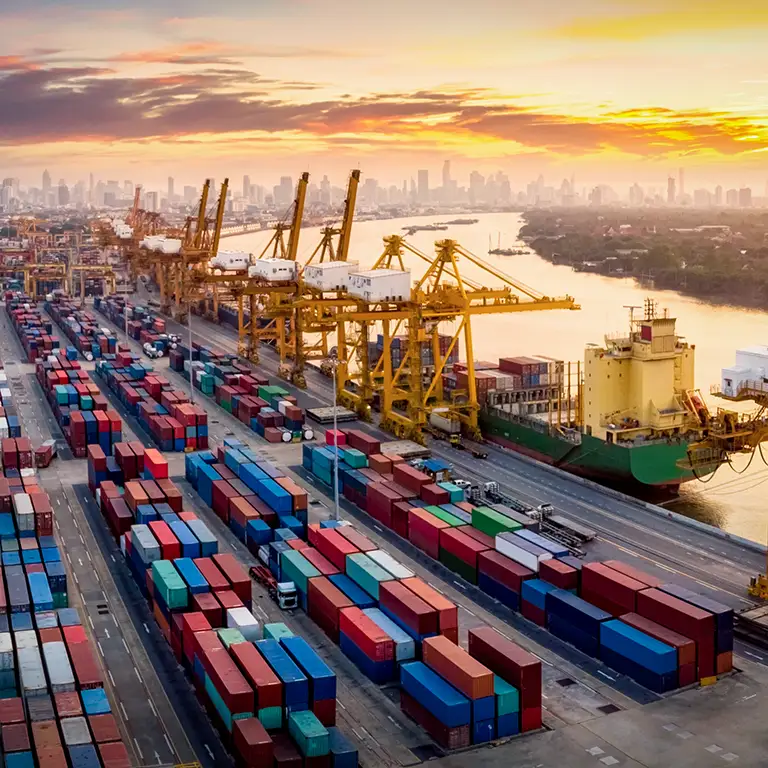 Aerial view of a port representing logistics and trucking financial services.